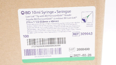 BD 309643 10ml Syringe w/ luer-Lok Tip, 21 G x 1- 1/2 - Box of 100
